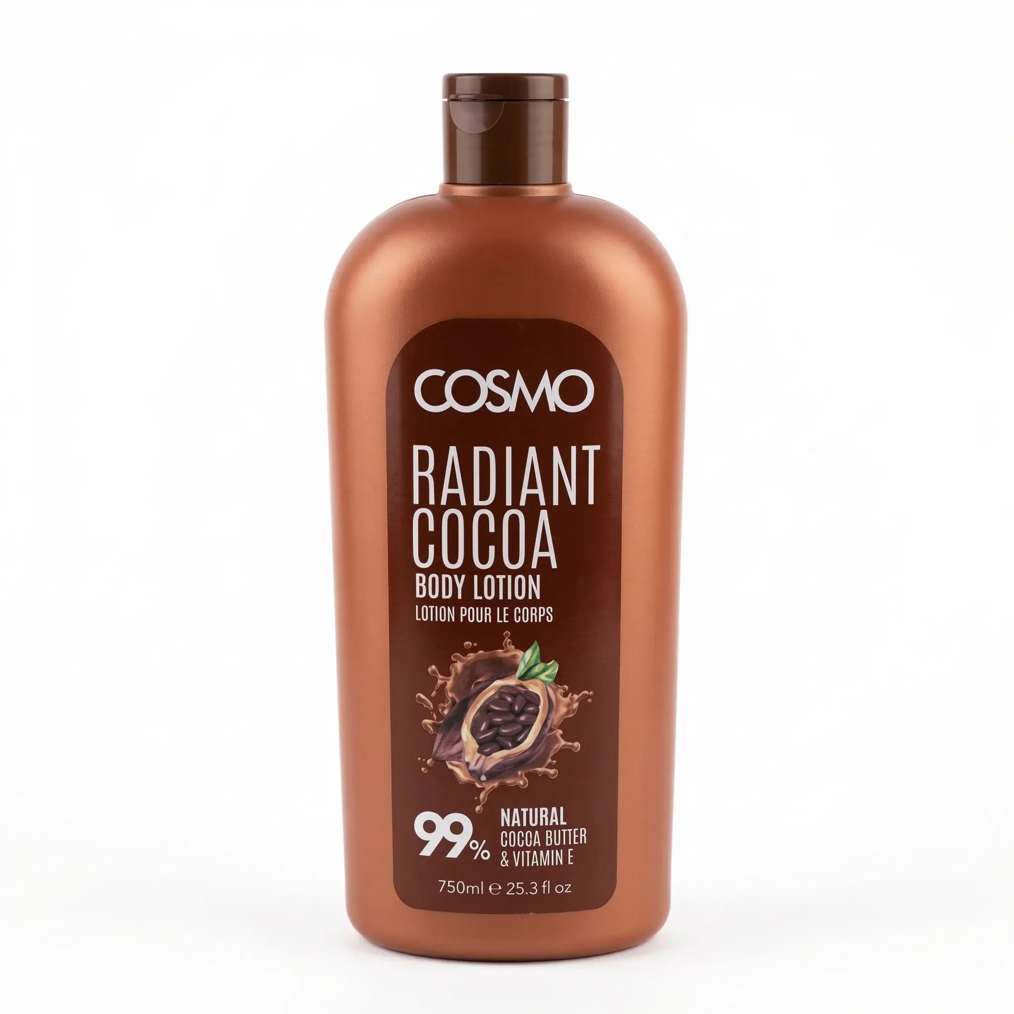 Grand flacon Cosmos Cacao 750ml posé devant fond clair.